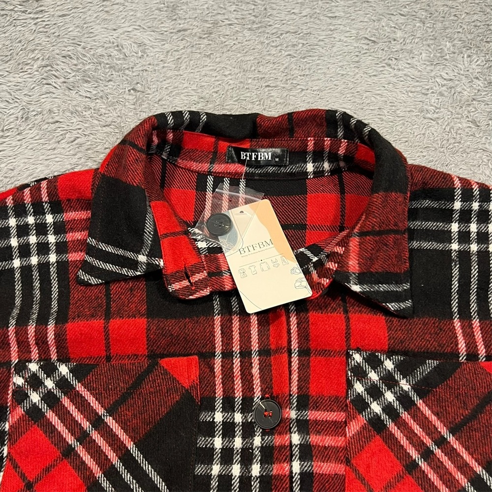 BTFBM Flannel Red Black Button Up Long Sleeve Plaid Check Women's M‎ NWT - Picture 6 of 14